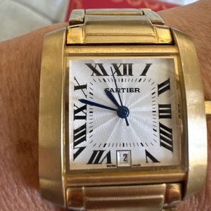 18k Gold Tank Française watch, medium with date window - rare!